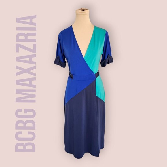 BCBGMaxazria Blue Aqua Short Sleeve Wrap Dress Sz S - Picture 1 of 8